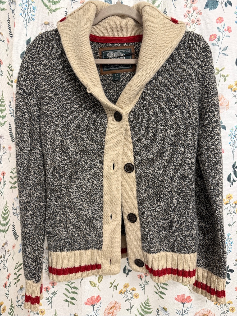 Roots Shawl Collar Cardigan Sweater - Gray, Cream & Red